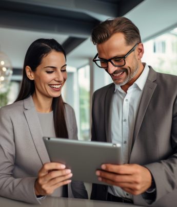 Two happy professional business people team woman and man workers working using digital tablet tech discussing financial market data standing at corporate office meeting.